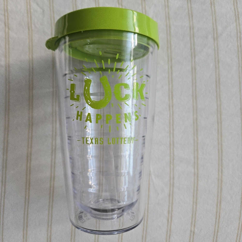 Texas Lottery Luck Happens Clear Light Green 16 Oz Tumbler Cup BPA FREE USA